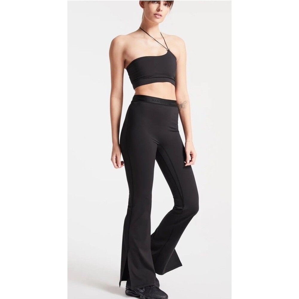 Bandier Sport Legging Logo Slit Flare Yoga Pilates Black Large NWT